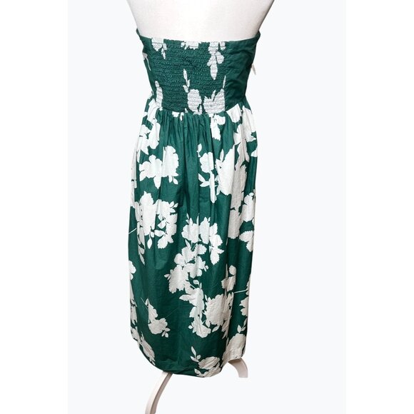 Cynthia Rowley Green & White Floral Strapless Midi Dress Elastic Smocked Back 14 - Picture 11 of 13